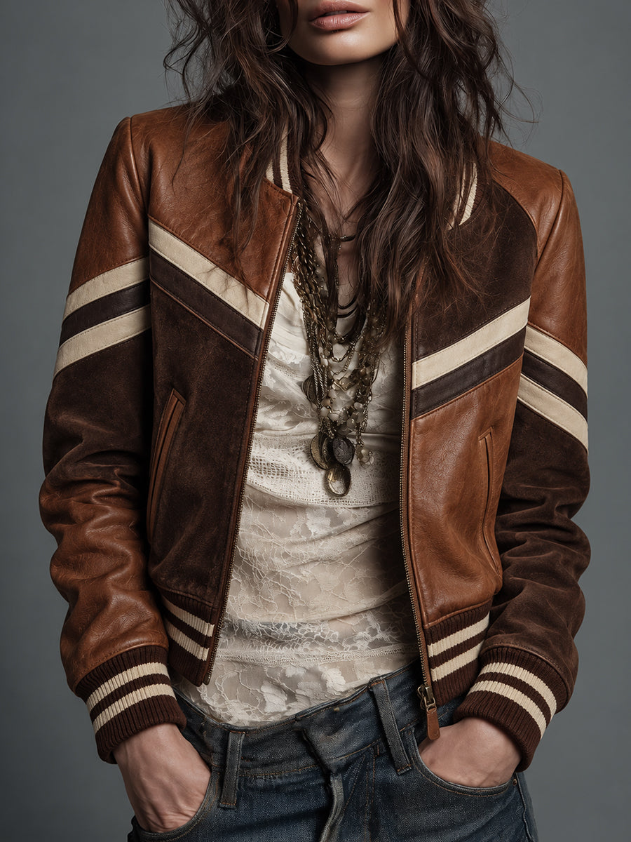 Brown Striped Leather Bomber Jacket