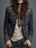 Navy Floral Embroidered Denim Jacket