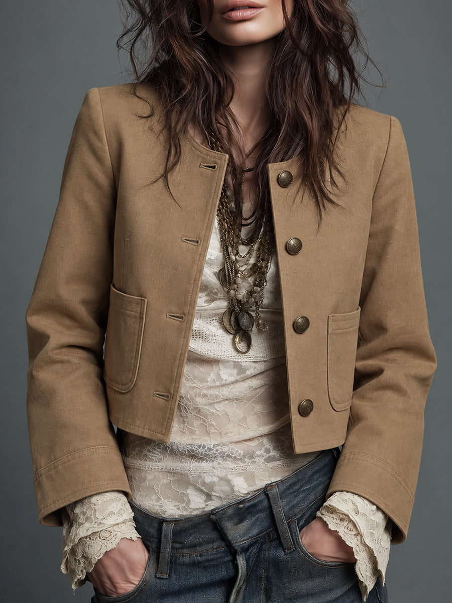Camel Cropped Button-Front Jacket