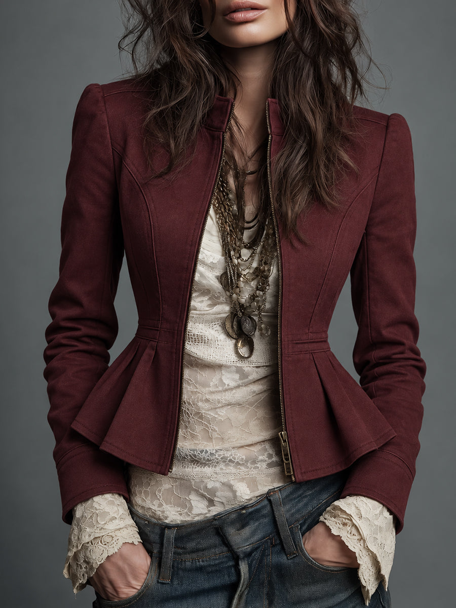 Burgundy Sculpted Peplum Jacket