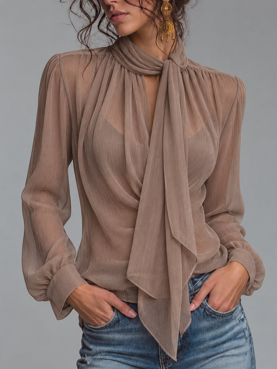 Taupe Neck Tie Sheer Blouse