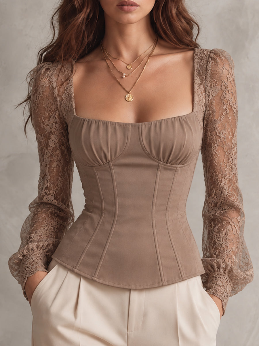 Taupe Lace Sleeve Corset Top
