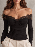 Black Off-Shoulder Ruched Lace Top