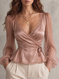 Blush Pink Lace-Trim Wrap Blouse