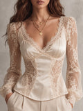 Ivory Lace Panel Satin Corset Blouse