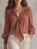 Terracotta Tie-Neck Satin Blouse