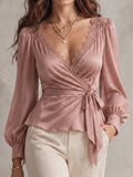 Blush Pink Lace-Trim Wrap Blouse