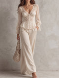 Ivory Lace Peplum Top and Wide-Leg Pants Set