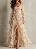 Champagne Ruched Ruffle Maxi Dress