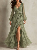 Sage Green Wrap Ruffle Maxi Dress