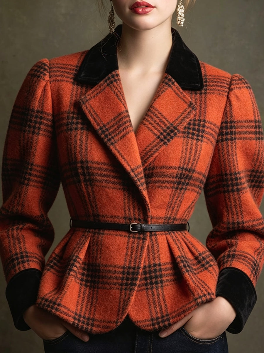 Orange Plaid Velvet Trim Peplum Jacket