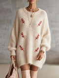 Cream Festive Embroidered Fuzzy Knit Tunic