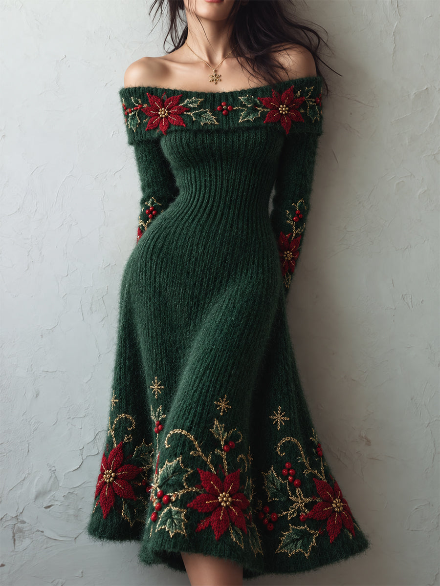 Green Off-Shoulder Poinsettia Knit Dress
