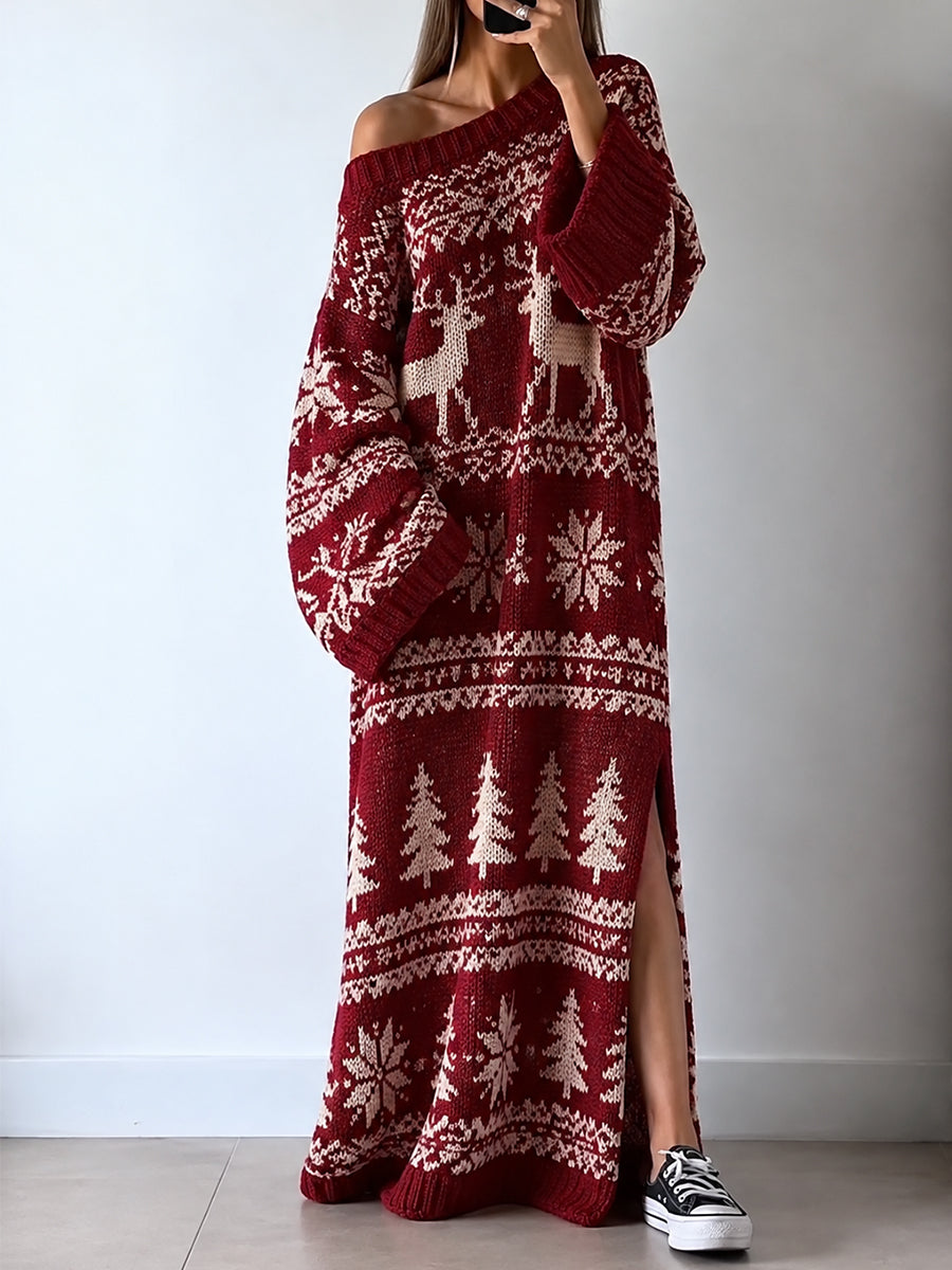 Red Fair Isle Oversized Knit Maxi Dress