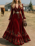 Burgundy Velvet Embroidered Maxi Dress