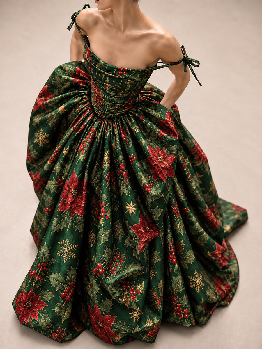 Green Christmas Print Ball Gown