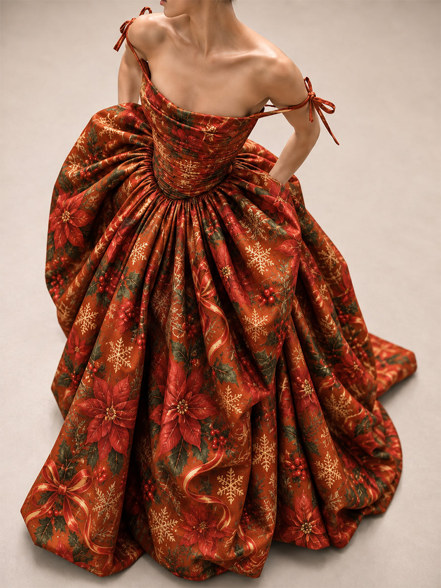 Rust Christmas Print Ball Gown