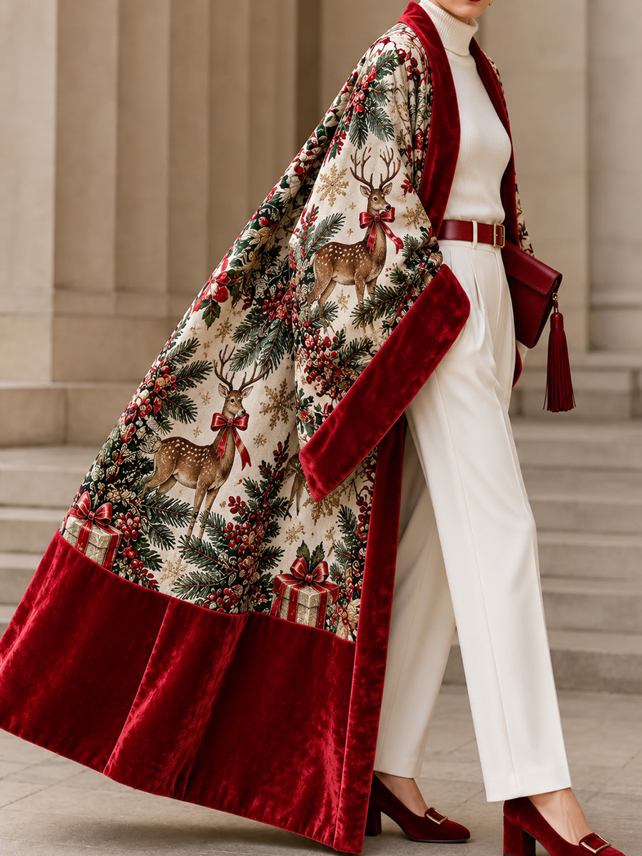 Cream Reindeer Print Velvet Trim Cape