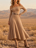 Camel Knit Off-Shoulder Midi Dress