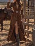 Brown Faux Suede Button-Down Maxi Dress