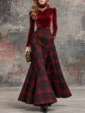 Burgundy Velvet Plaid Maxi Skirt Set