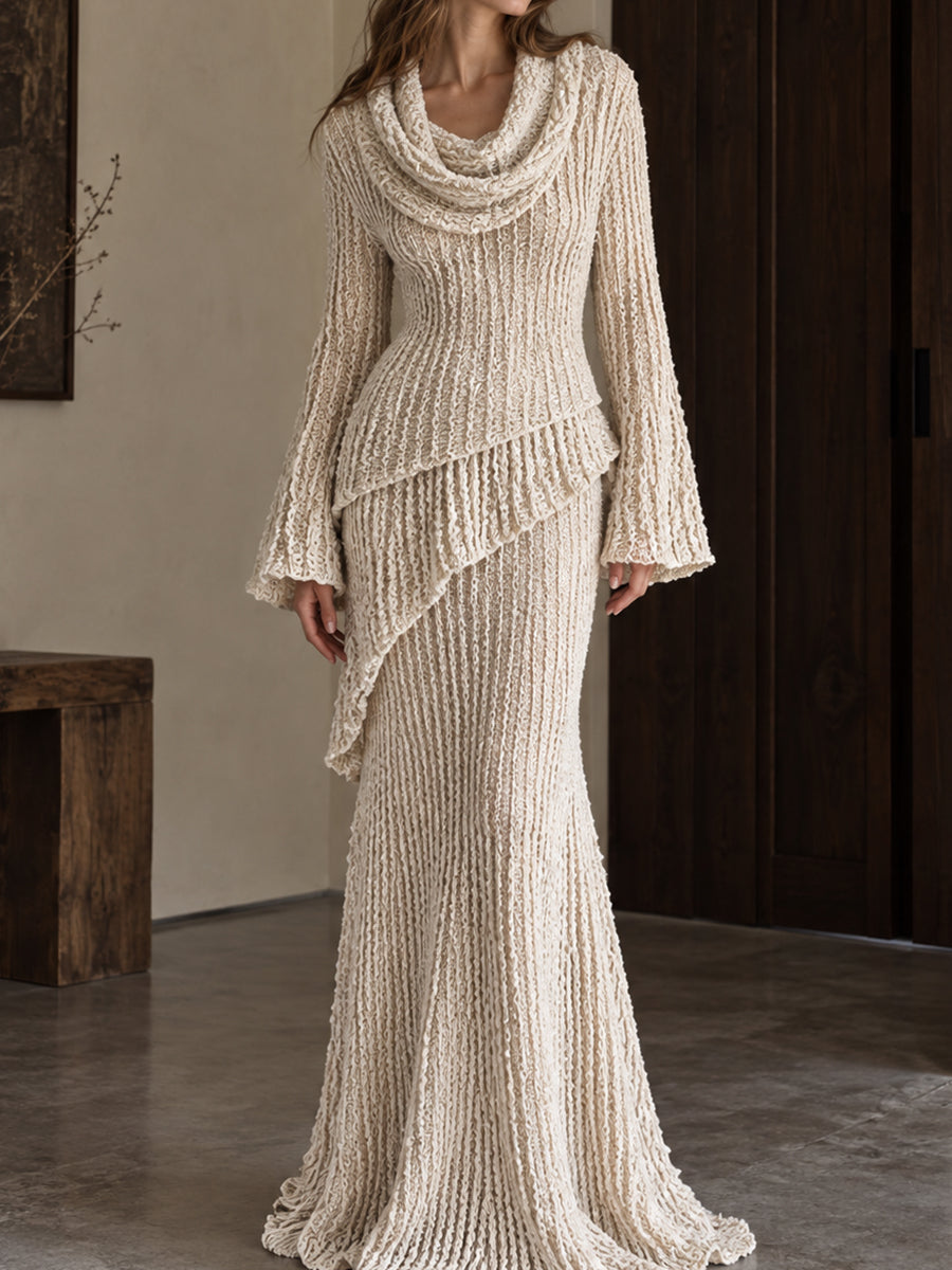 Cream Knit Cowl Neck Mermaid Maxi Dress