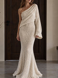Cream Knit One Shoulder Mermaid Maxi Dress