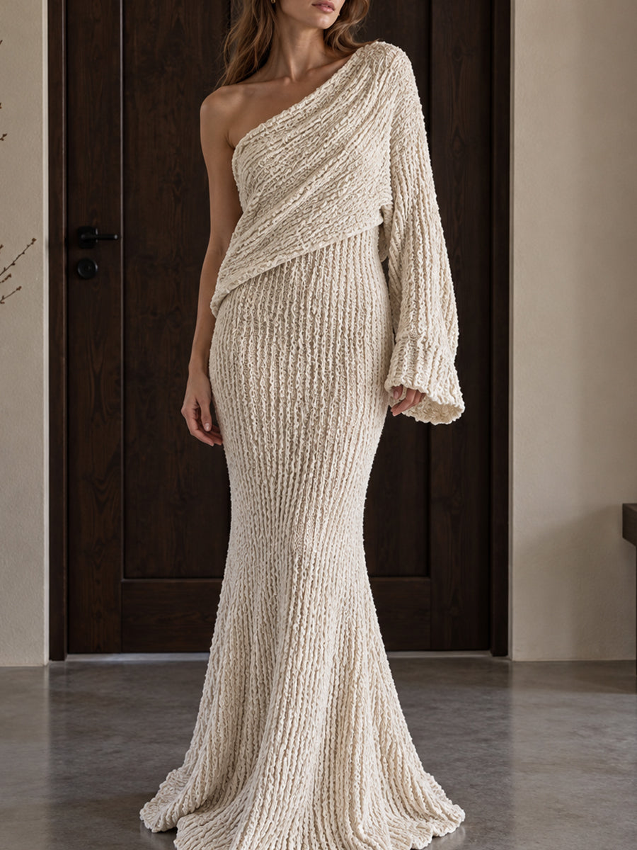 Cream Knit One Shoulder Mermaid Maxi Dress