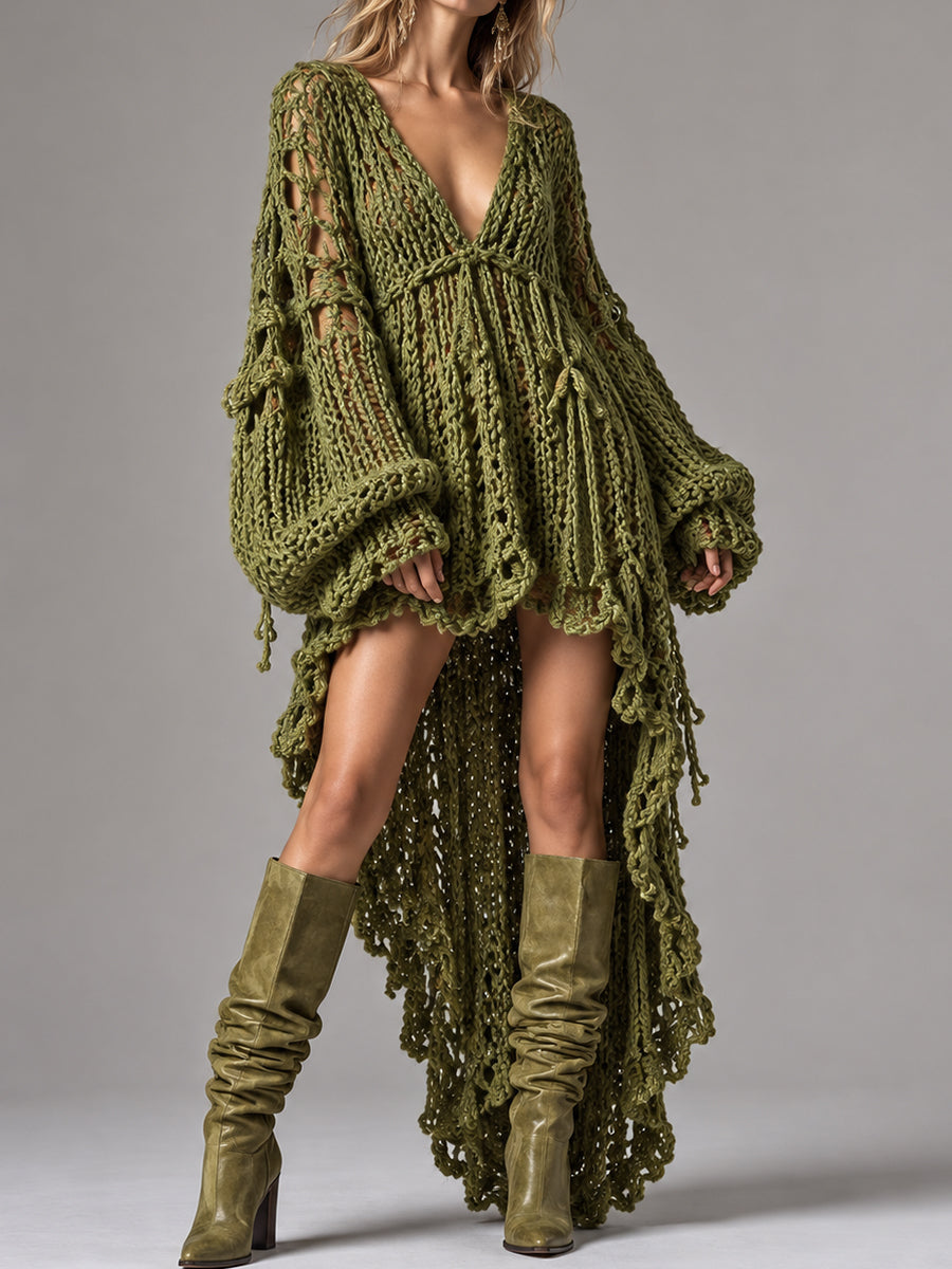 Olive Open Knit Fringe Maxi Dress