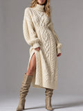 Cream Cable Knit Turtleneck Midi Dress