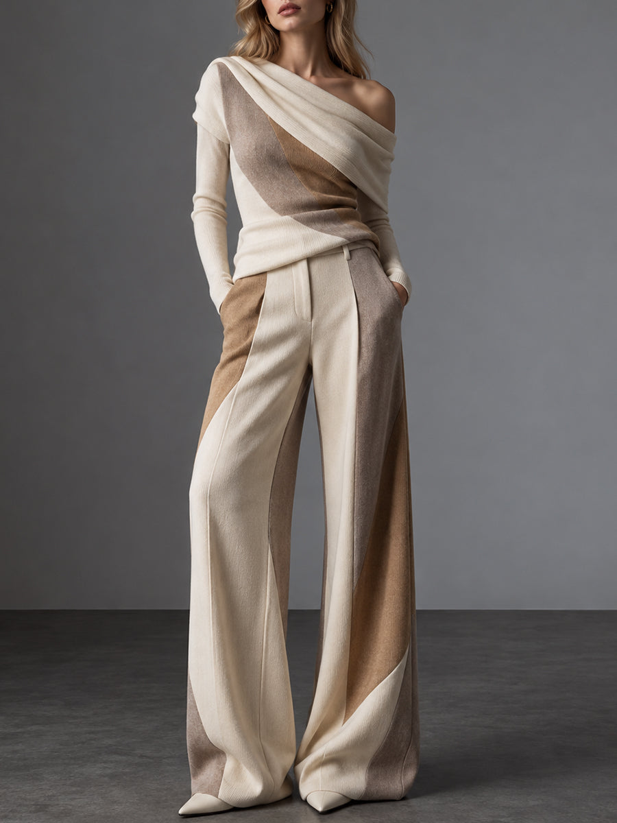 Cream Color Block One Shoulder Wide Leg Pants Set