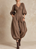Brown V-Neck Balloon Leg Jumpsuit