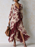 Burgundy Floral Print Ruffle Maxi Dress