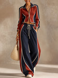 Burgundy Navy Color Block Wide Leg Pants Set