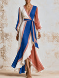 Blue Rust Stripe Wrap High Low Maxi Dress