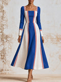 Blue White Stripe Square Neck Midi Dress