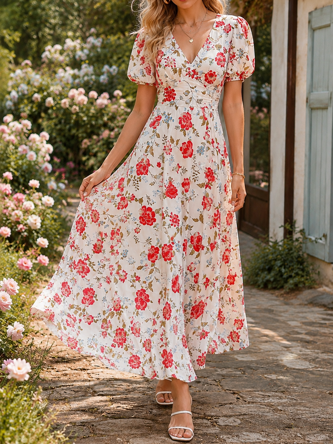 Red Floral V-Neck Puff Sleeve Maxi Dress