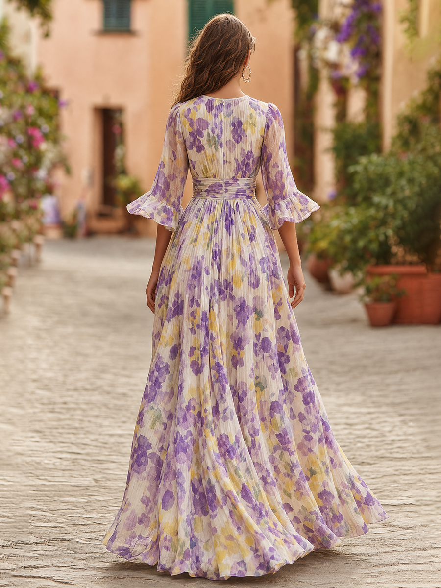 Elegant V-neck Flared Sleeves Floral Print Chiffon Maxi Dress