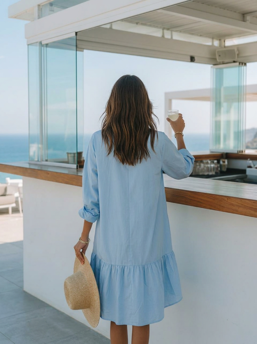 Vacation Style Light Blue Ruffle Hem Oversized Shirt Mini Dress