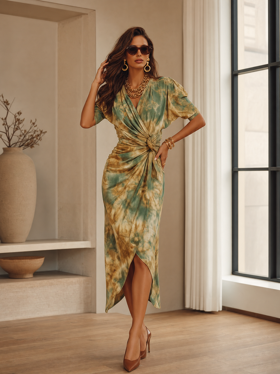 Vacation Sexy V-neck Tie-dye Print Midi Dress