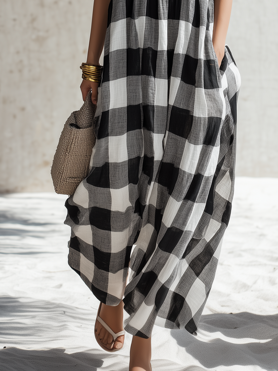 Simple Casual Short-Sleeve Black White Plaid Cotton-Linen Maxi Dress