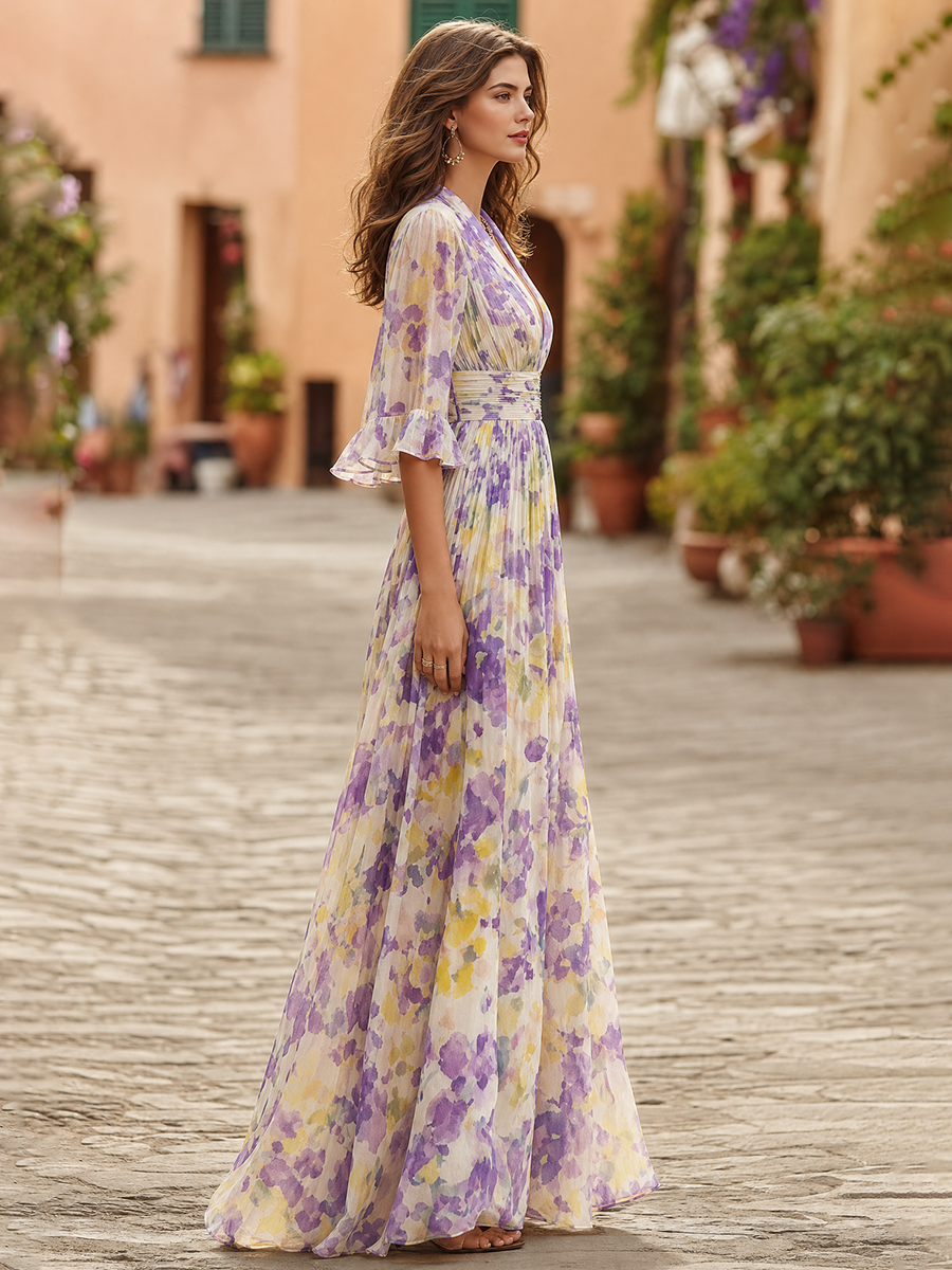 Elegant V-neck Flared Sleeves Floral Print Chiffon Maxi Dress