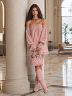 Retro-chic Off-shoulder Lace Trim Faux Suede Mini Dress
