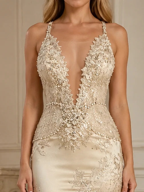 Deep V Lace Appliqué Mermaid Midi Dress