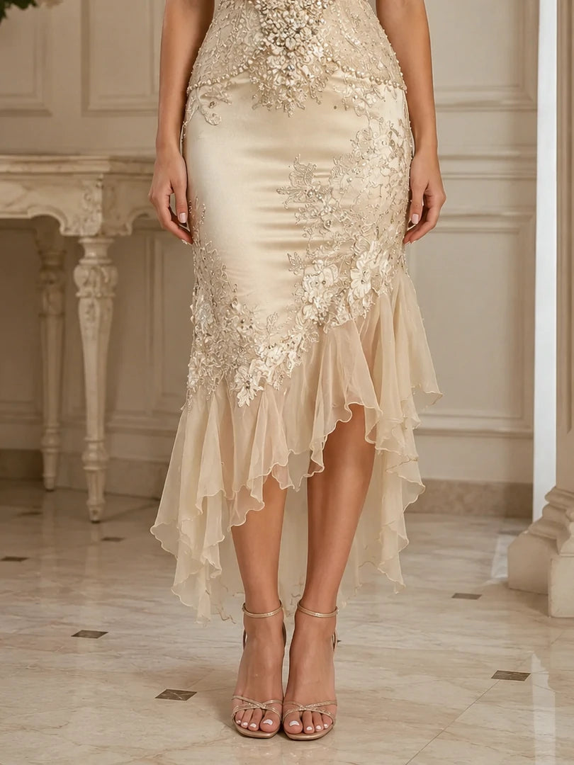 Deep V Lace Appliqué Mermaid Midi Dress