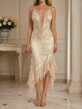 Deep V Lace Appliqué Mermaid Midi Dress