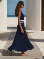 Nautical Resort Navy Rib Knit Striped Waistband Midi Dress