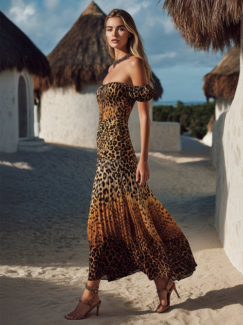 Bohemian Resort Leopard Print Off-Shoulder Midi Dress