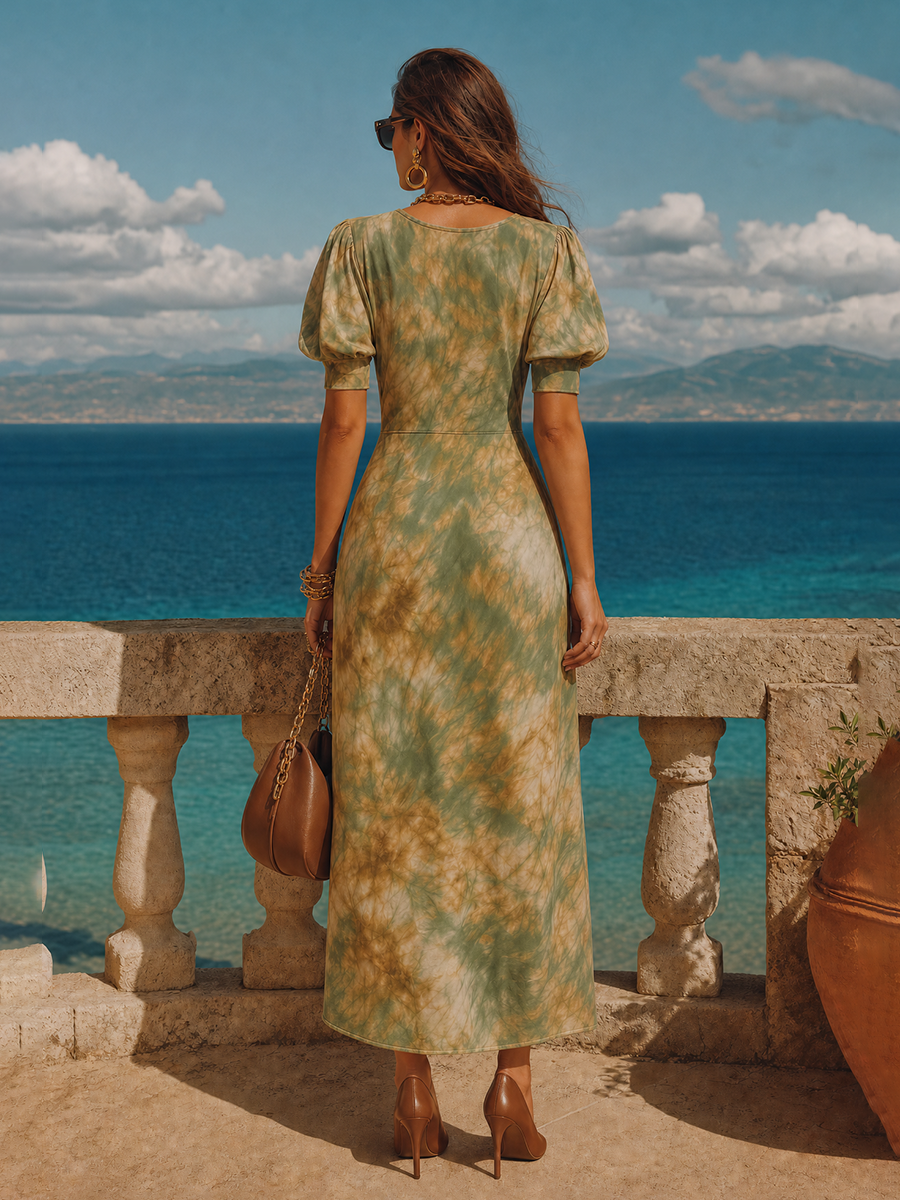 Vacation Sexy V-neck Tie-dye Print Midi Dress