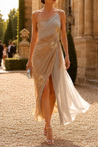 Khaki Color Block One Shoulder Gold Floral Embroidery High Slit Midi Evening Dress